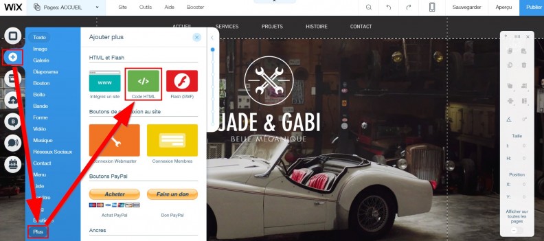 Ajout de code HTML avec l'éditeur WIx