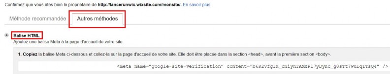 Confirmation de propriété de site Wix